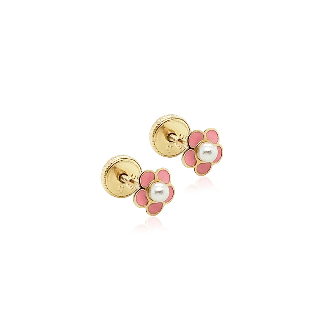 Pearl Center Pink Flower Earrings